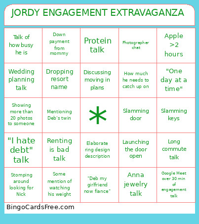 JORDY ENGAGEMENT EXTRAVAGANZA Bingo Card