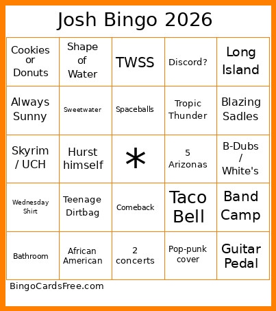 Josh 2026 Bingo Card