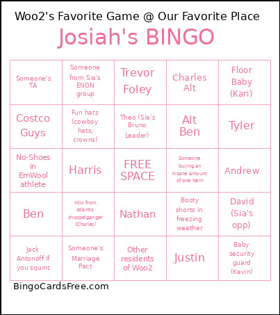 Josiah's Bingo Card