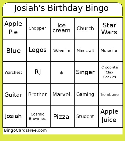 Josiah's Birthday Bingo Card