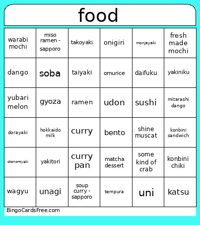 Jp Food Bingo Card