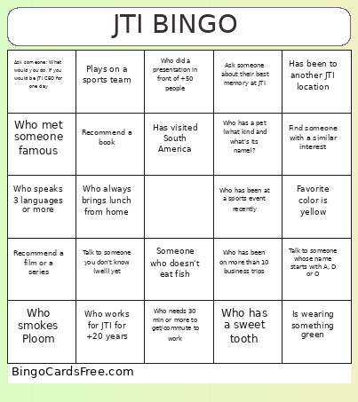 JTI Bingo Card