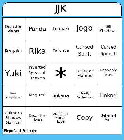 Jujuts Kaisen Bingo Card