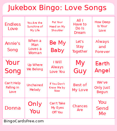 Jukebox : Love Song Edition Bingo Card