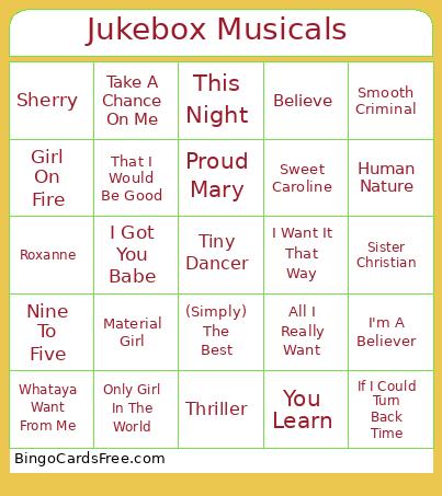Jukebox Musicals Bingo