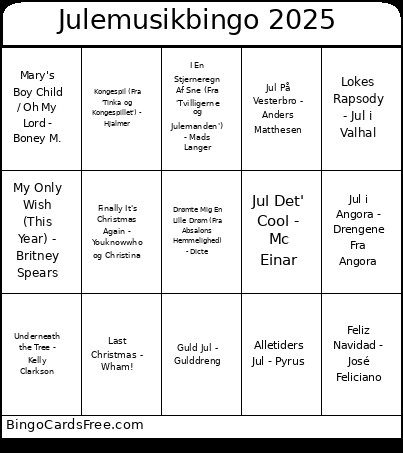 Julemusik 2025 Bingo Card