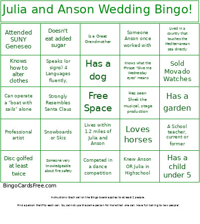 Julia And Anson Wedding ! Bingo Card
