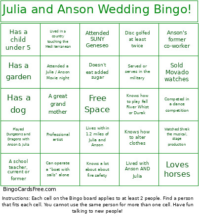 Julia And Anson Wedding ! Bingo Card