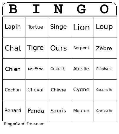 Julianne's Animal Bingo Card