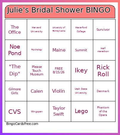 Julie's Bridal Shower Bingo Card