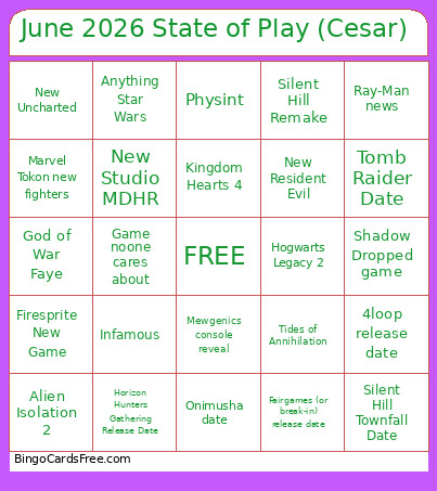 June 2026 State Of Play (Cesar) Bingo Card