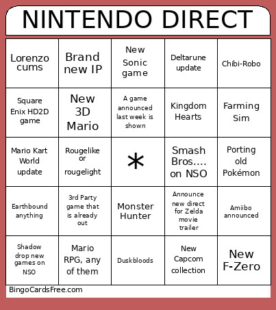 June 9th 2026 Nintendo Direct Bingo Card