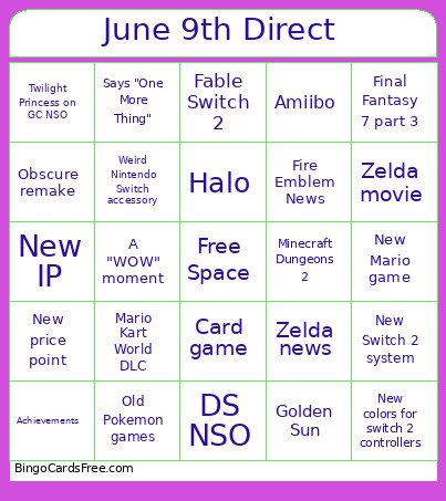 June 9th Direct Bingo Card