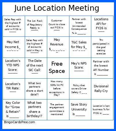June Location Meeting Bingo Card