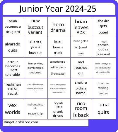 Junior Bingo Cards Free Pdf Printable Game, Title: Junior Year 2024-25