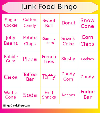 Junk Food Bingo Card