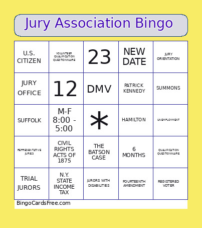 Jury Association Bingo Card