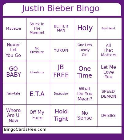 Justin Bieber Bingo Card