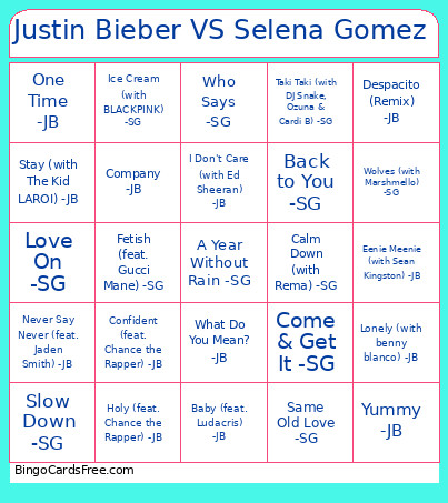 Justin Bieber VS Selena Gomez Bingo Card