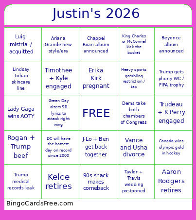 Justin's Bingo Card