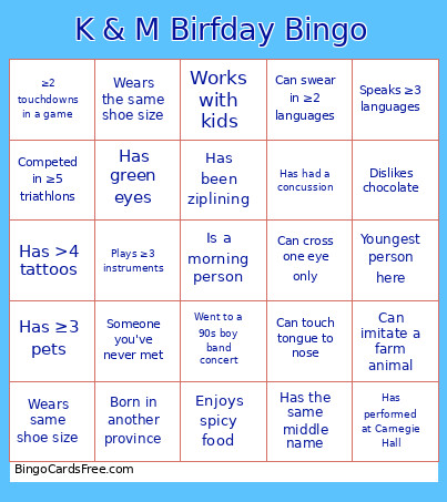 K & M Birfday Bingo Card