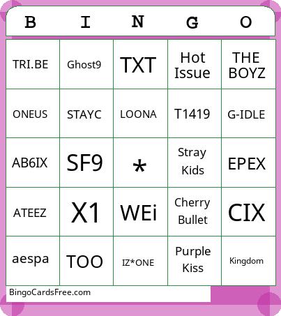 K-Pop Artists Bingo Cards Free Pdf Printable Game, Title: BINGO