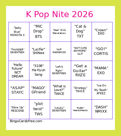 K Pop Nite 2026 Bingo Card