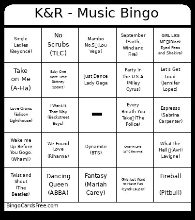 K&R - Music Bingo Card