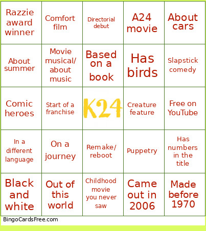 K24 Movie Bingo Card