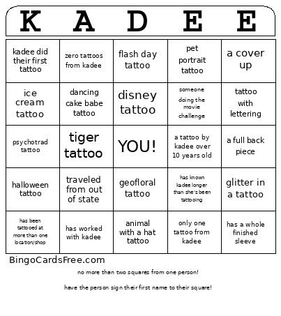 Kadee Tat Versary Bingo Card