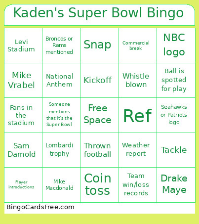 Kaden's Super Bowl Bingo Card