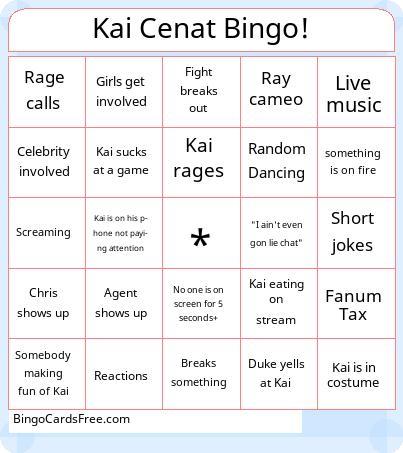 Kai Cenat Bingo Cards Free Pdf Printable Game, Title: Kai Cenat Bingo!