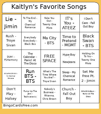 Kaitlyn's Favorite Songs Bingo Card