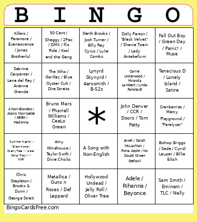 Karaoke 5 Bingo Card