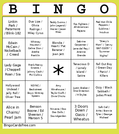 Karaoke Bingo Card