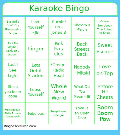 Karaoke -1 Bingo Card