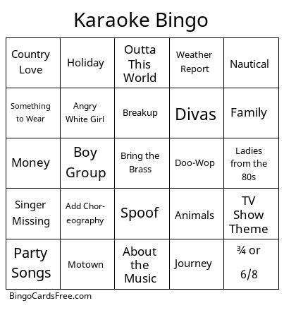 Karaoke Bingo Cards Free Pdf Printable Game, Title: Karaoke Bingo