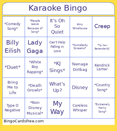 Karaoke Bingo Card