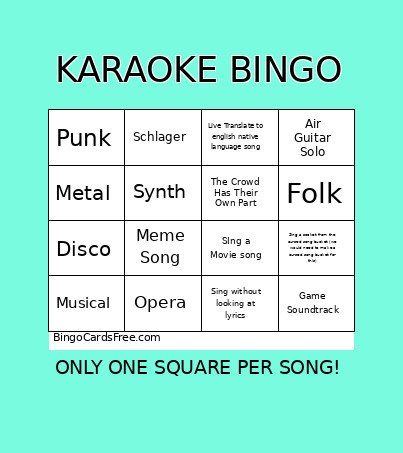 Karaoke Bingo Card