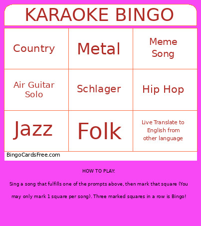 Karaoke Bingo Card