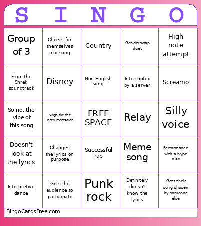 Karaoke Bingo Card