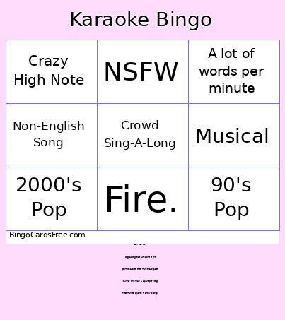 Karaoke Bingo Card