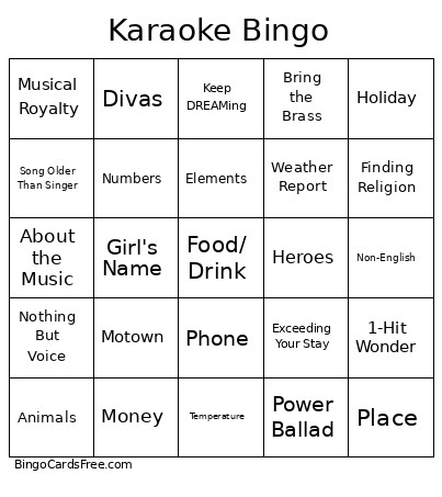 Karaoke Bingo Card
