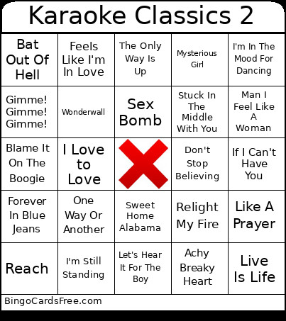 Karaoke Classics 2 Bingo Card