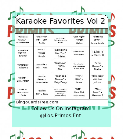 Karaoke Favorites Vol 2 Bingo Card