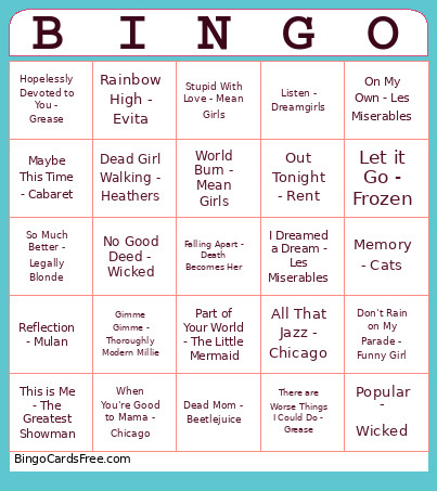Karaoke, Women’s Showtunes Bingo Card