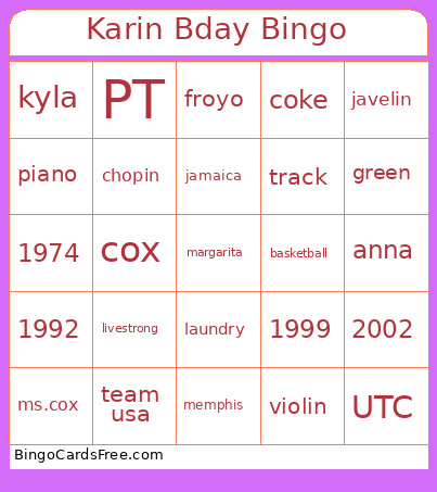 Karin Bday Bingo Card