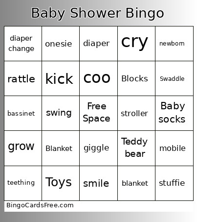 Kasey's Baby Shower Bingo Card
