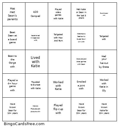Katie-Sean Bingo Card