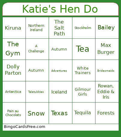 Katie's Hen Do Bingo Card